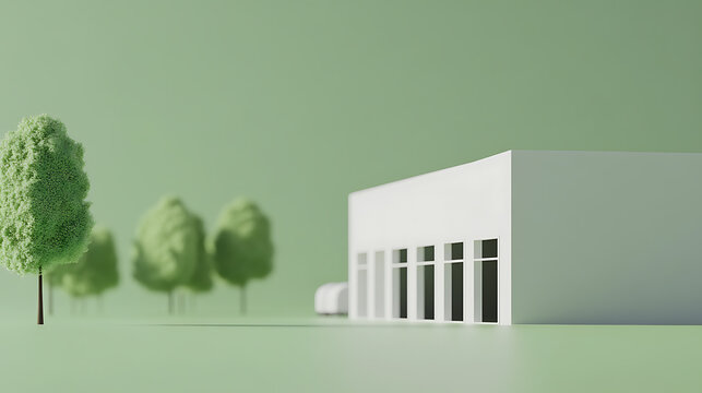 Minimalist scene with a white building, trees, and a green background. A car parked beside the building. This evokes simplicity and tranquility in an abstract composition. - Powered by Adobe