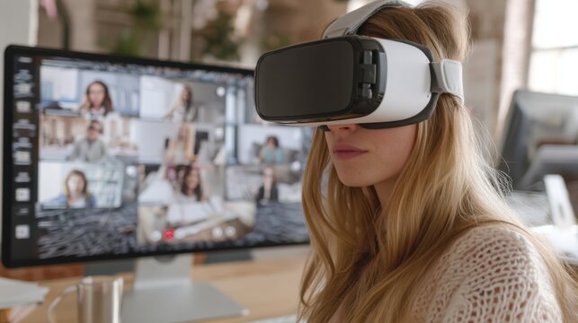 Woman using virtual reality headset in modern office environment while participating in video conference with multiple participants on computer screen