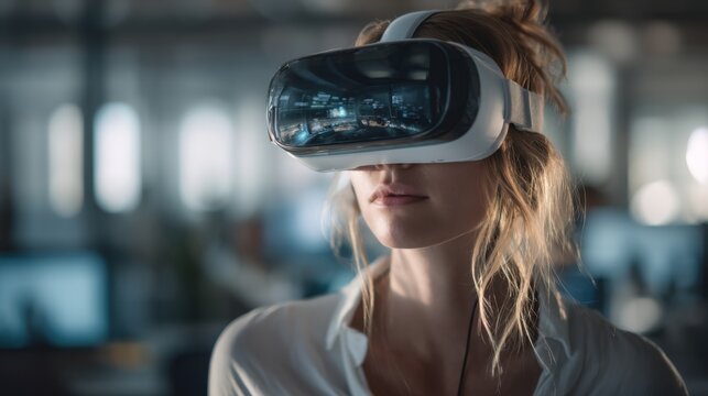 Young woman wearing virtual reality headset in modern office setting, immersed in digital world, showcasing technology and innovation in professional environment