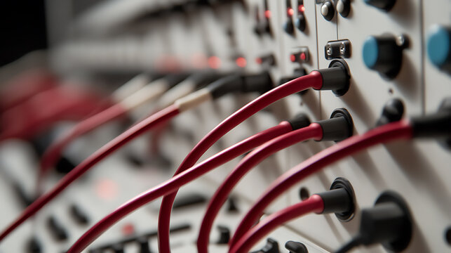 Close-up of a sophisticated audio system with red wires plugged into a white panel. The device showcases the complex connections and attention to detail. Perfect for audio enthusiasts and tech lovers.