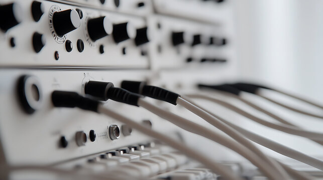 Close-up of connected audio equipment, showcasing white cables plugged into a soundboard with multiple knobs, capturing studio gear and sound system aesthetics.