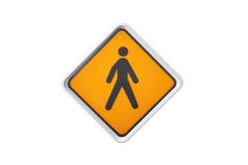 Yellow diamond warning sign with a black pedestrian walking symbol, silver border. Indicates pedestrian crossing or activity ahead. background removed