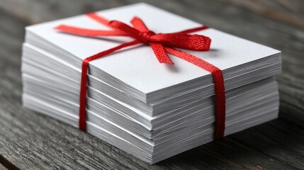 Stack of Blank White Business Cards Tied with Red Ribbon on Rustic Wooden Surface Perfect for Branding and Customization Ideas