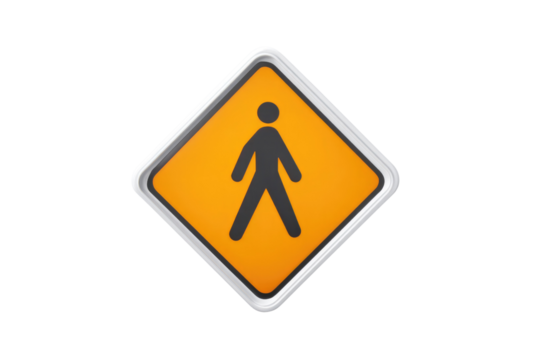 Yellow diamond warning sign with a black pedestrian walking symbol, silver border. Indicates pedestrian crossing or activity ahead. background removed