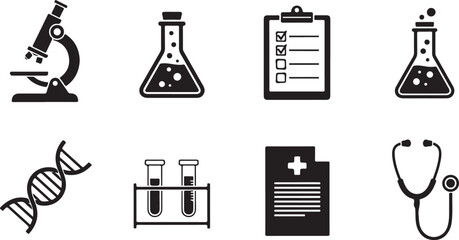 Medical science and laboratory research black vector icon set design