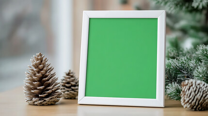Mockup featuring a white picture frame with green screen, set alongside pine cones and a snow-dusted evergreen branch. Ideal for seasonal greetings or personalized messages.