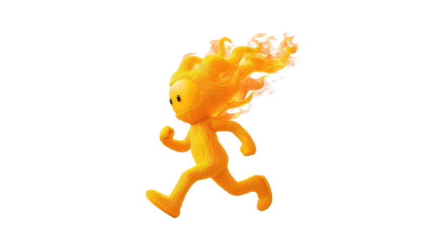 Animated orange creature with fiery hair, running