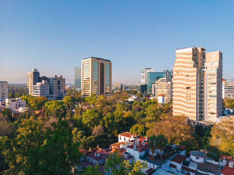 Aerial of Polanco neighborhood of Mexico City during sunris