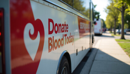 Donate Blood Today campaign seen on bus traveling down a tree lined street. Donate Blood Today campaign promotes public health awareness.
