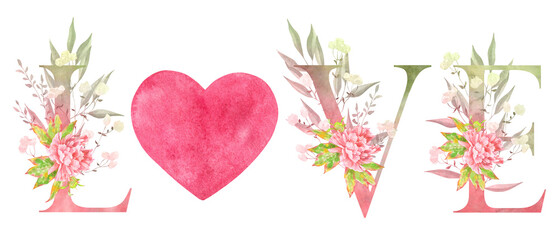 Romantic watercolor composition with the word LOVE and pink heart, decorated with peonies and greenery. Perfect for Valentine’s Day cards, wedding designs, and romantic stationery.