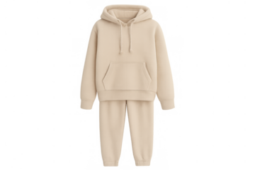 Beige tracksuit set featuring a comfortable hoodie and matching sweatpants, perfect for sportswear, lounge, and casual fashion on transparent background