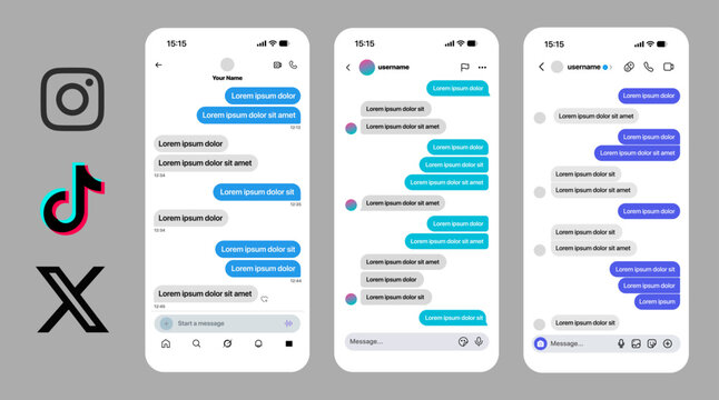 Instagram TikTok X or Twitter chat UI mockup with direct messages, DM inbox, reactions, voice notes, stickers, threads, and modern mobile layout vector illustration