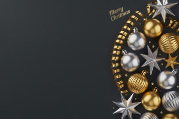 Fototapeta premium Elegant gold and silver christmas ornaments on dark background