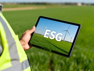 Hand holds tablet showing ESG concept, with wind turbines on a green field, symbolizing sustainable energy.