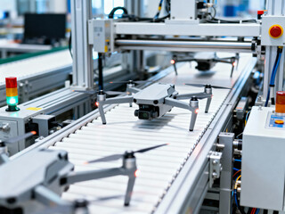Automated production line featuring modern quadcopters moving along a roller conveyor.