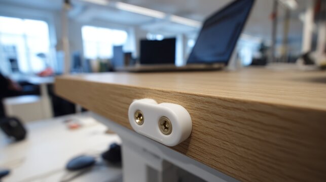 Sharp focus on a 3D printed cable management clip attached to a desk edge with the office environment subtly blurred portraying practical and personalized office accessories.