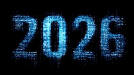 Digital representation of the year 2026 with a binary code effect, glowing blue numbers against a deep black background, symbolizing technology and future trends