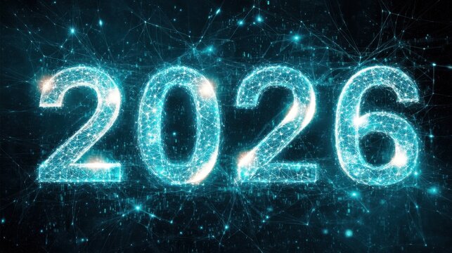 Futuristic Digital Design of 2026 in Bright Glowing Particles and Connections on a Dark Background for Technology and Innovation Themes