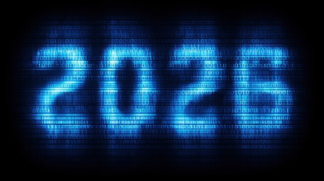 Digital representation of the year 2026 in blue binary code with glowing effect on dark background showcasing technology and futurism