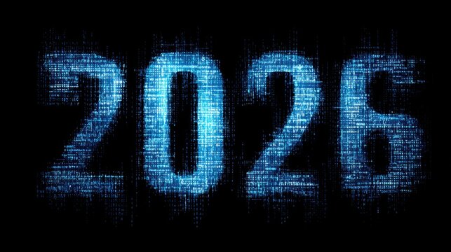 Digital representation of the year 2026 with a binary code effect, glowing blue numbers against a deep black background, symbolizing technology and future trends