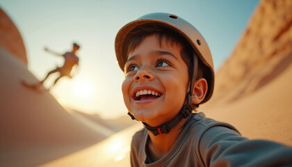 Smiling kid with helmet on sunny day, boy is wearing helmet. Cheerful kid with helmet shows pure happiness in desert environment, kid with helmet near dune. Adventure with safety equipment concept,