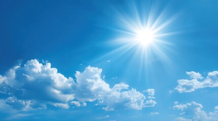 Bright Sunlight Illuminates Clear Blue Sky with White Clouds, Radiating Warmth and Tranquility in Nature, Perfect for Relaxation and Outdoor Activities