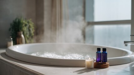 Relaxing spa experience with steam, candles, and essential oils in a serene bathroom,Bathtub Party Day