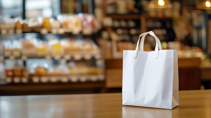 A minimalist still life presents a white shopping bag on a wooden surface, evoking a sense of retail therapy and consumerism in a warm, inviting setting. The background showcases a shop.