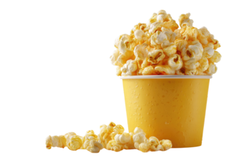 Overflowing yellow cup of fluffy, freshly popped popcorn, with scattered kernels at its base, set against a clean transparent background. background removed