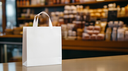 White paper bag on a counter, perfect for shopping, takeaways, or gifts. Its simplicity offers a blank canvas. Ideal for minimalist designs, presentations, and eco-friendly messages.