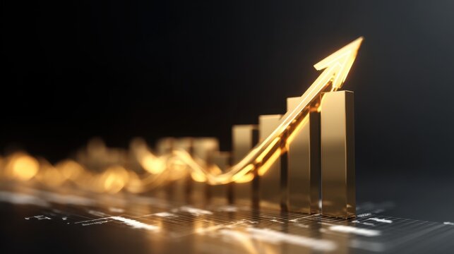 Glowing golden bar graph illustrating growth and success in financial markets with an upward arrow showing positive trend and data analysis representation