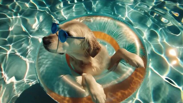 A Golden Retriever enjoying a refreshing swim in a pool on a sunny day with sunglasses on