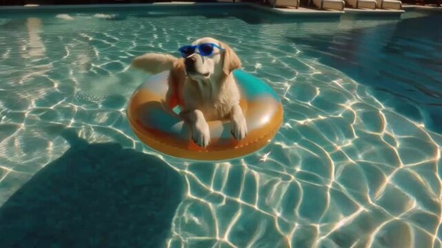 A golden retriever, wearing sunglasses, floating peacefully on an inflatable ring in a sparkling swimming pool. It's a sunny day and the dog appears relaxed and carefree.
