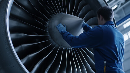 Aviation mechanic performs detailed inspection on turbine engine blades, ensuring optimal aircraft performance. Blue gloves and uniform, technical prowess under bright light.