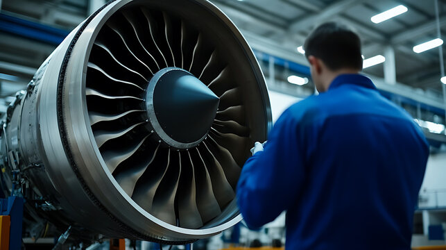 Aviation mechanic inspecting a jet engine's turbine blades. The engineer works on an engine in an engineering facility. Aviation technology and maintenance expertise are essential.