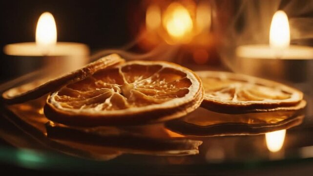 Dried orange slices on a glass plate with flickering candlelight creating a warm, cozy atmosphere