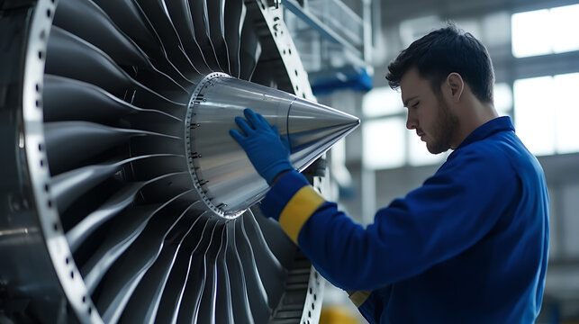Aviation engineer inspecting a turbine engine. The worker is wearing blue personal protective equipment while maintaining a complex engine at the aircraft manufacturing plant. - Powered by Adobe