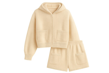 Beige loungewear two-piece set featuring a comfy knit hoodie and shorts with pockets, soft leisurewear on transparent background