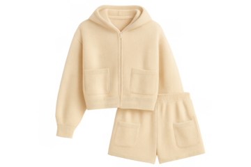 Beige loungewear two-piece set featuring a comfy knit hoodie and shorts with pockets, soft leisurewear on transparent background