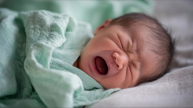 赤ちゃんが緑の包みで泣いている