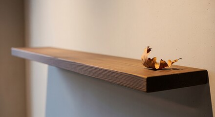 Minimalist still life of a single, dry autumn leaf on a rustic wooden floating shelf. Wabi-sabi concept representing simplicity, impermanence, and the quiet beauty of fall with shallow depth of field.