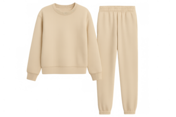 Beige tracksuit set featuring a comfortable sweatshirt and sweatpants for casual wear, cutout on transparent background