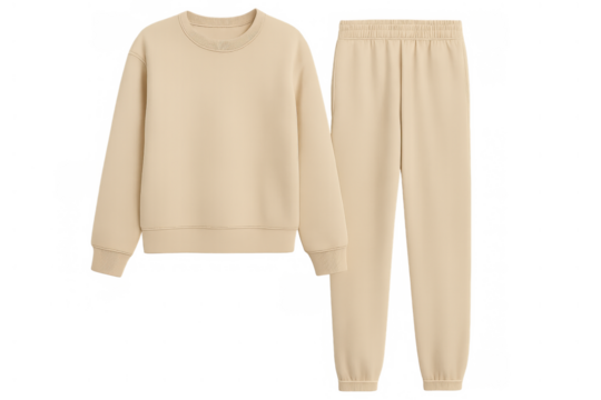 Beige tracksuit set featuring a comfortable sweatshirt and sweatpants for casual wear, cutout on transparent background