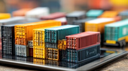 Miniature cargo containers arranged on a digital tablet, symbolizing global trade, logistics, and modern shipping industry technology.