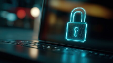 Digital Lock Icon on Laptop Display Signifying Cybersecurity and Data Protection in Modern Technology Environment with Blurred Background
