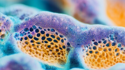Fototapeta premium Abstract microscopic image of mold with vibrant colors and intricate textures, showcasing organic patterns and details in a flatlay composition for artistic exploration