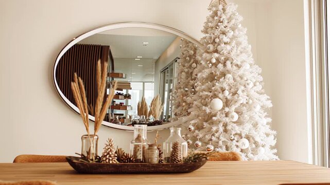 Modern holiday decor with white Christmas tree and minimalist dining setting