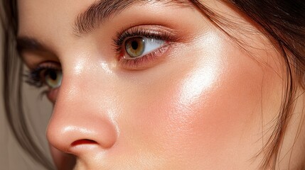 Fototapeta premium Close-Up View of a Beautiful Woman's Face with Highlighted Cheekbone and Radiant Skin Emphasizing a Natural Makeup Look for Beauty and Skincare Promotion