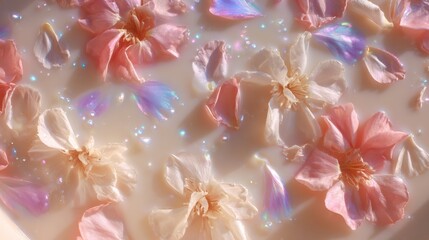 Fototapeta premium Delicate floral petals in milk bath with iridescent highlights for spa and relaxation concepts,Bathtub Party Day
