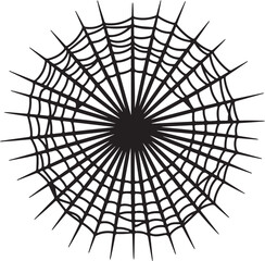 Black and white circular spider web graphic with radial spokes and concentric rings arachnid insect on transparent background